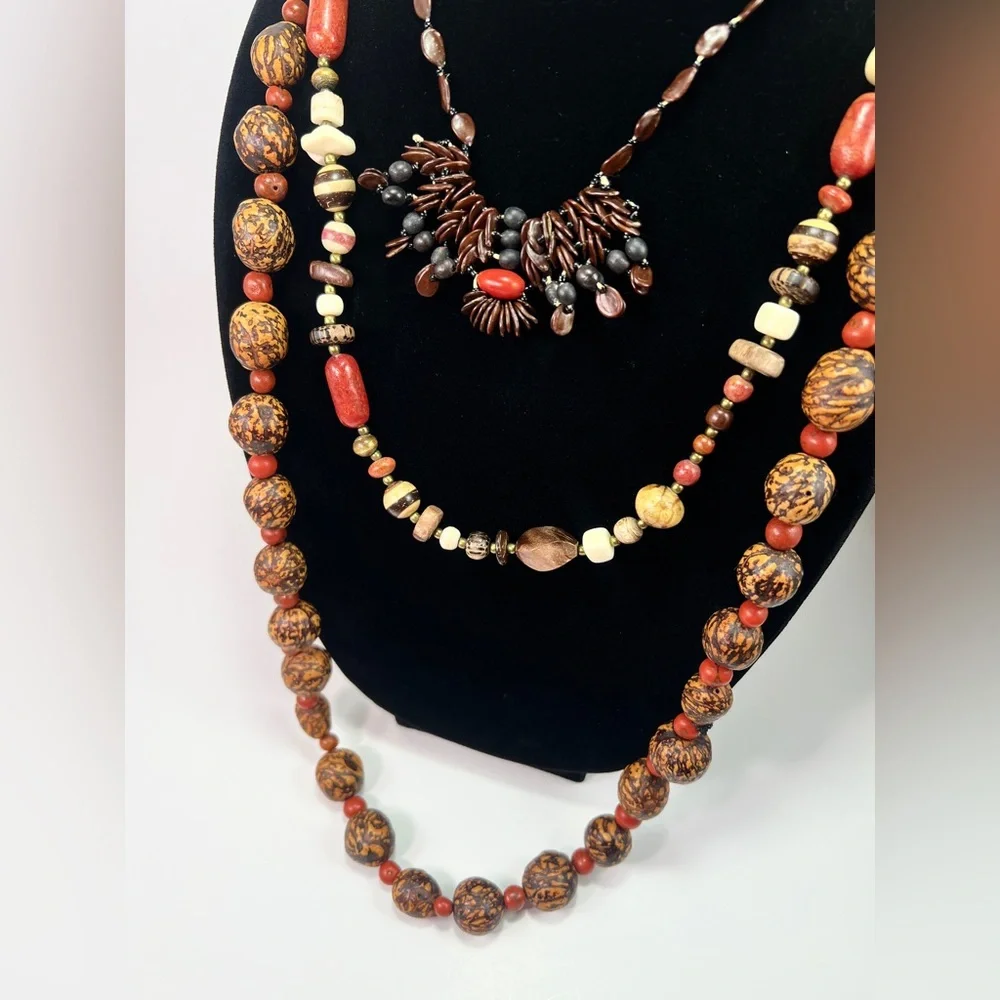 Set of 3 Vintage African Tribal Necklaces Handcrafted Beaded Wood Bone Jewelry - Picture 2 of 8